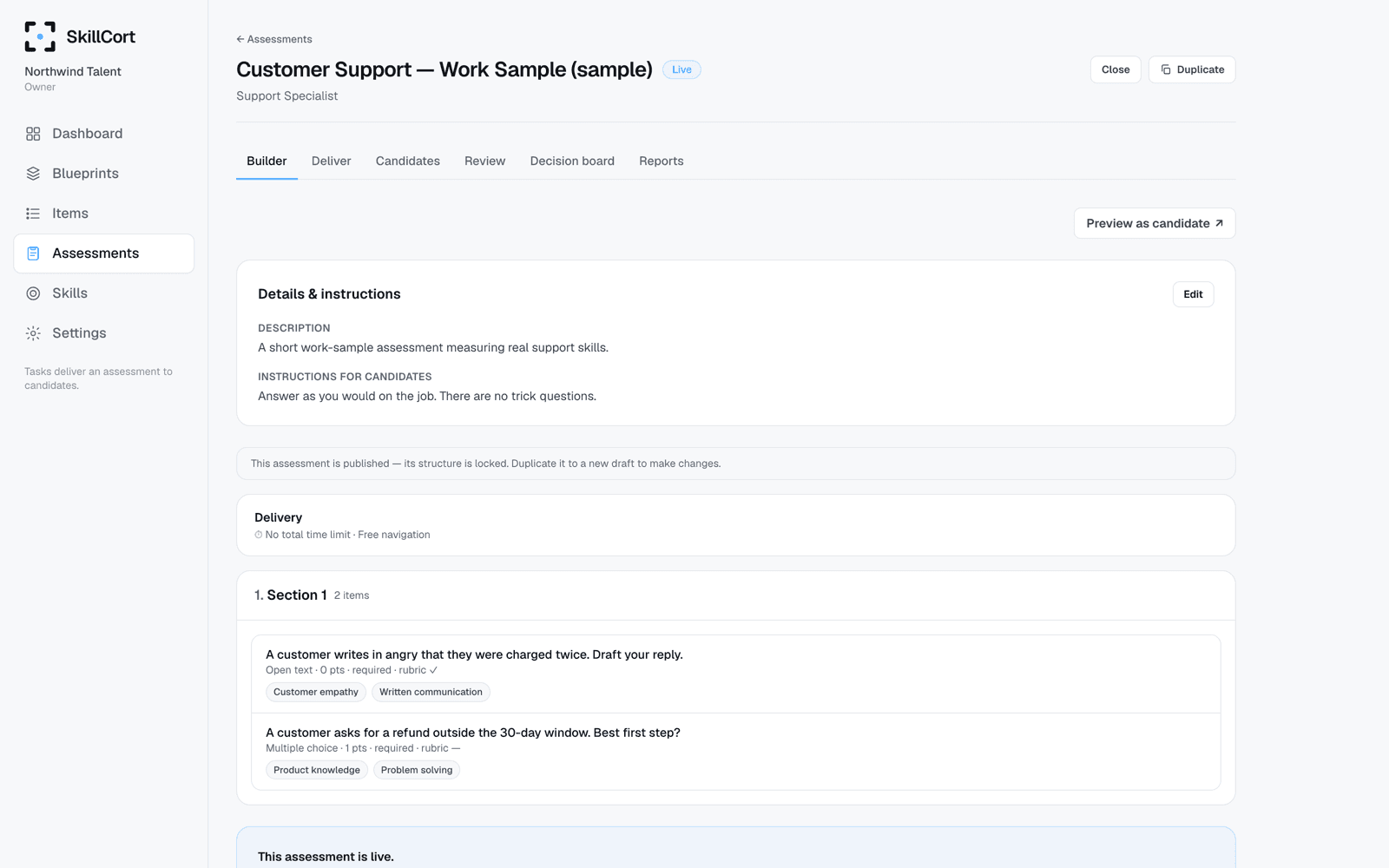 SkillCort Assessment Builder with sections, work-sample tasks, and delivery settings