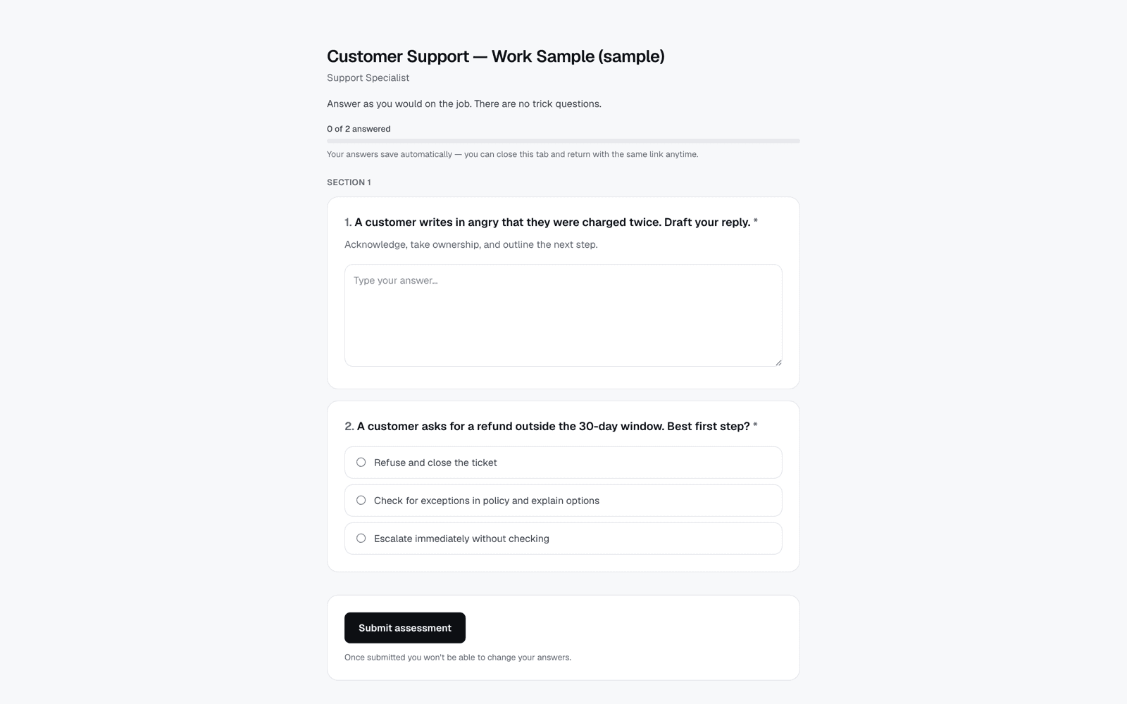 SkillCort candidate assessment runner with progress, navigation, and response controls